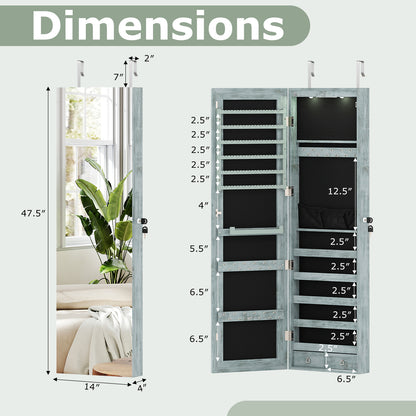 Jewelry Cabinet Wall Door Mounted, 47.5” Frameless Full Length Mirror with Storage & LED Lights