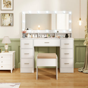Makeup Vanity Set with Mirror and Lights, Large Dressing Table Set with Charging Station