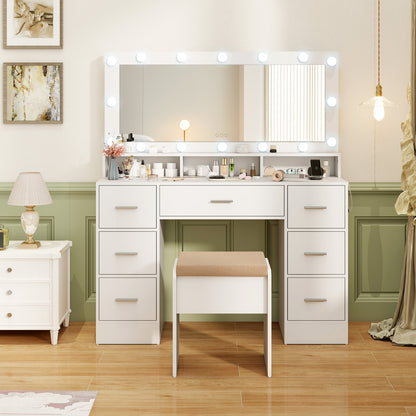 Makeup Vanity Set with Mirror and Lights, Large Dressing Table Set with Charging Station