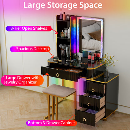 RGB Vanity Table Set with Mirror and Lights, Makeup Vanity Desk with Dimmable LED Lights