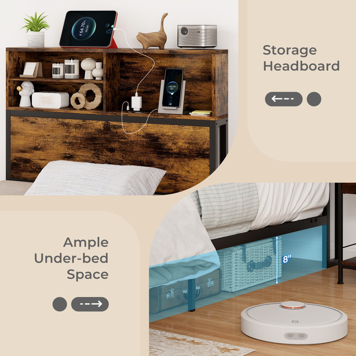 Full Size Bed Frame with Storage Headboard, Metal Platform Bed Base with Charging Station & Under Bed Storage
