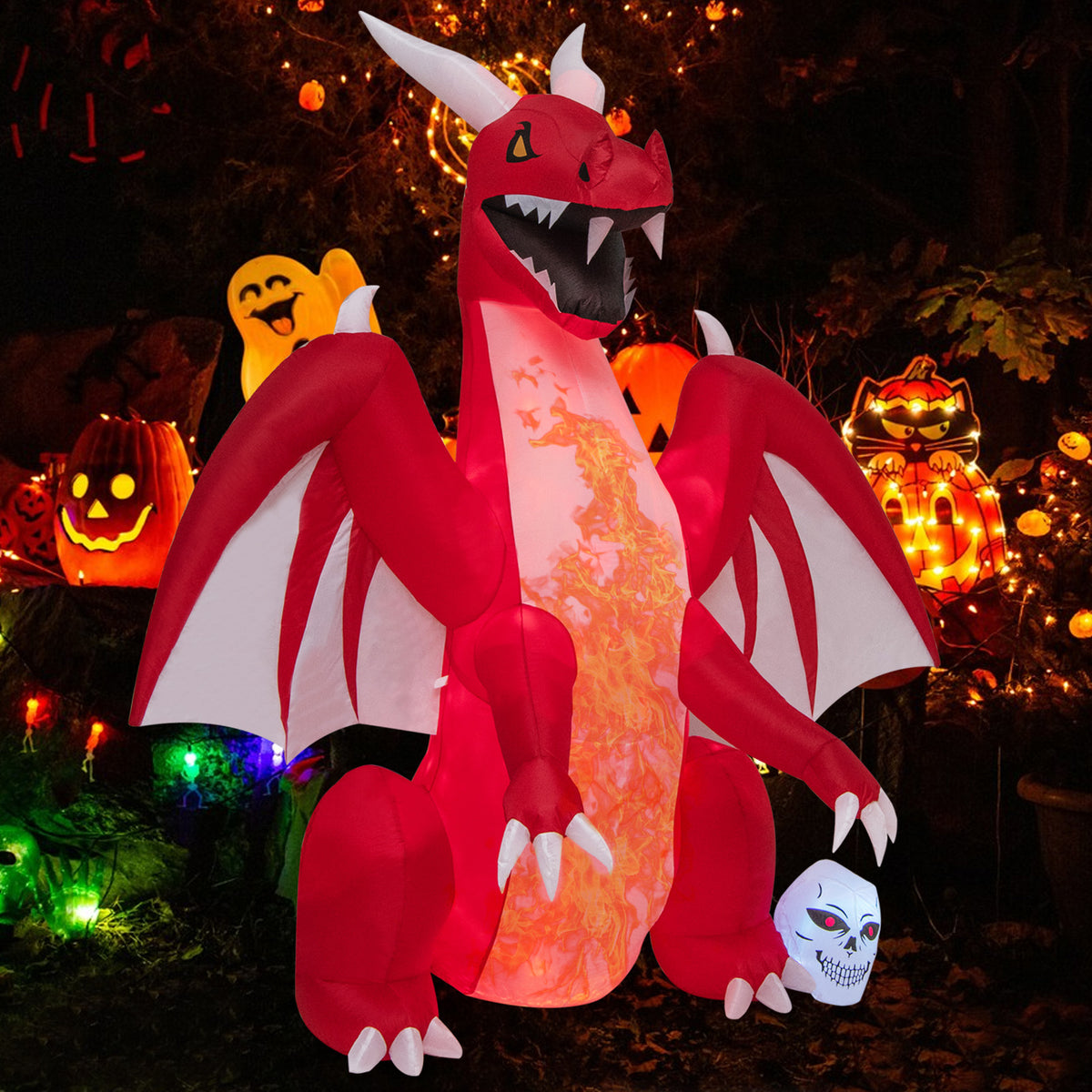 8 FT Halloween Inflatable Fire Dragon, Flash Blow up Lighted Inflatables with Multi-Color Skull
