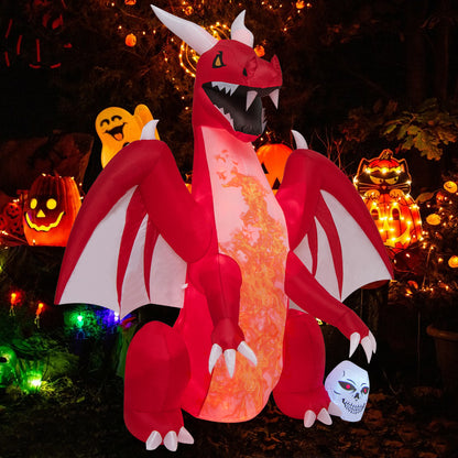 8 FT Halloween Inflatable Fire Dragon, Flash Blow up Lighted Inflatables with Multi-Color Skull