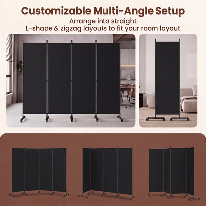 4 Panel Folding Room Divider, 6FT Rolling Privacy Screen with Lockable Wheels