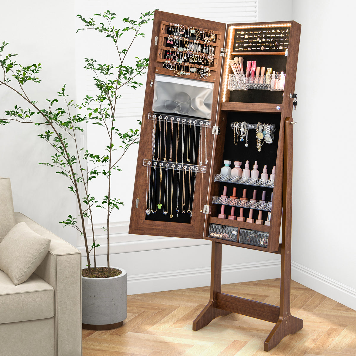 Jewelry Cabinet Armoire with Full Length Mirror, Freestanding Jewelry Cabinet with 3-Color LED Lights