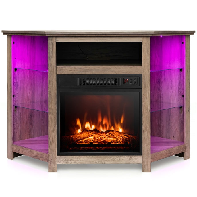 Corner Fireplace TV Stand with LED Lights for TVs up to 50”, Modern Entertainment Center with Electric Fireplace