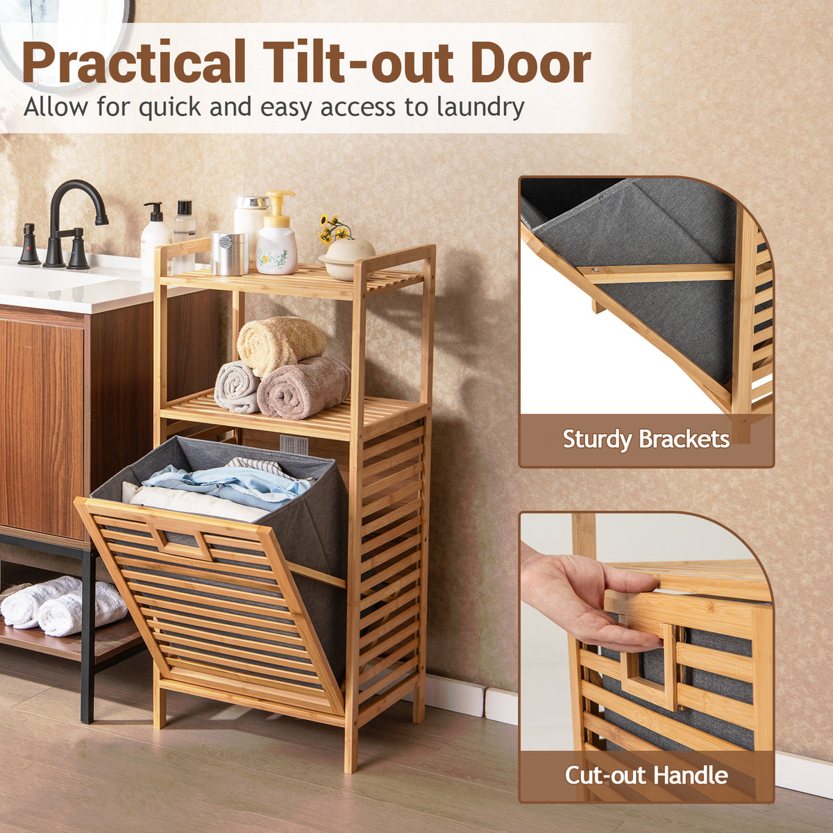 Tilt-out Laundry Hamper with 2-Tier Shelves, Bamboo Laundry Baskets Organizer with Removable & Foldable Fabric Liner