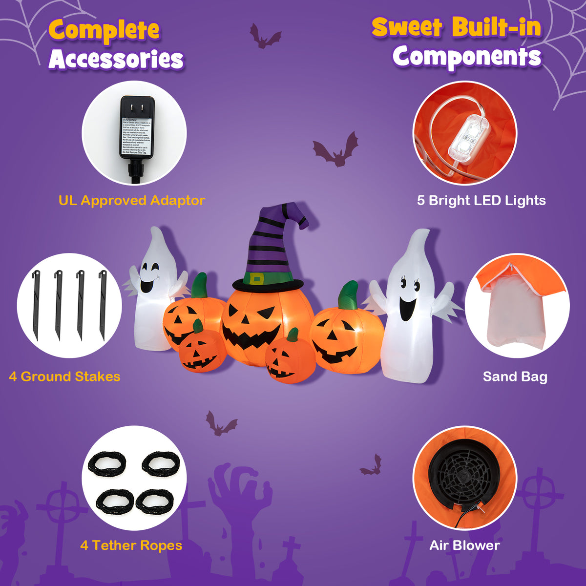 9FT Long Halloween Inflatable Pumpkin with 2 Ghosts, Blow up Yard Decoration with Built-in LED Lights