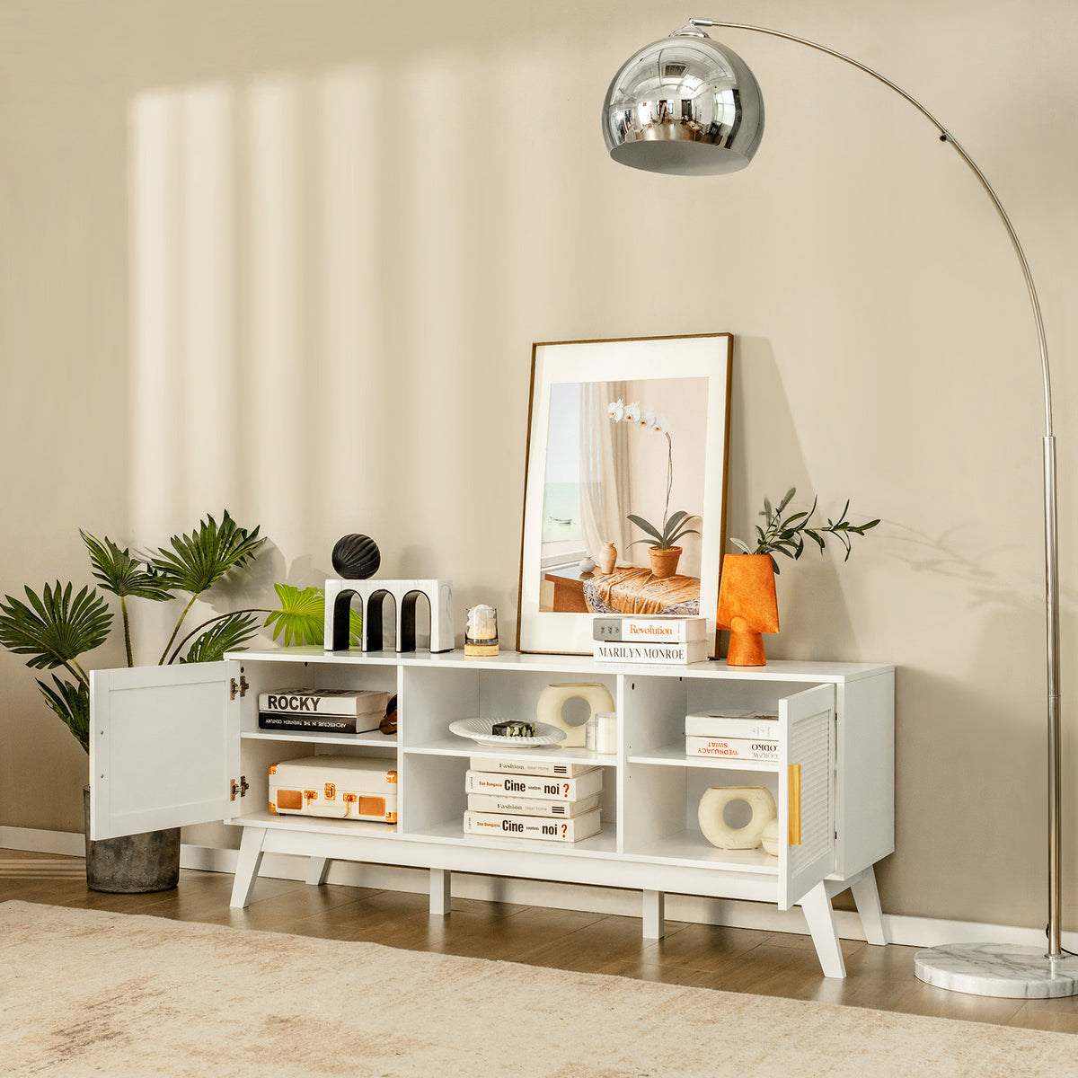 Rattan TV Stand for TVs up to 65 Inch, Modern Entertainment Center with Storage Cabinet