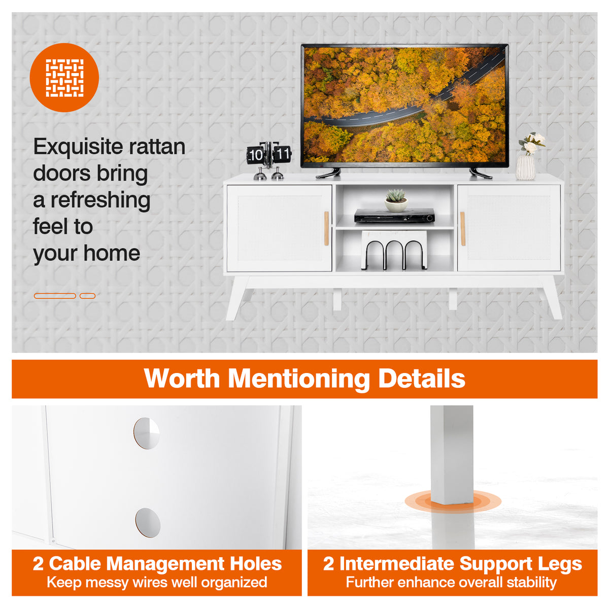 Rattan TV Stand for TVs up to 65 Inch, Modern Entertainment Center with Storage Cabinet