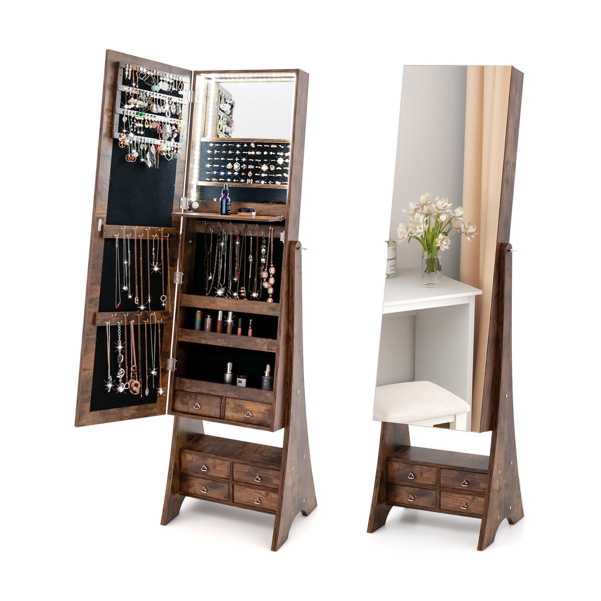 Jewelry Cabinet Freestanding, LED Lighted Jewelry Armoire with Full-length Frameless Mirror