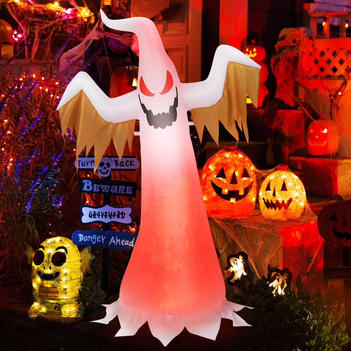 6FT Halloween Inflatable Scary Spooky Ghost, Blow Up Yard Decoration with Built-in Flame Light and Waterproof Blower