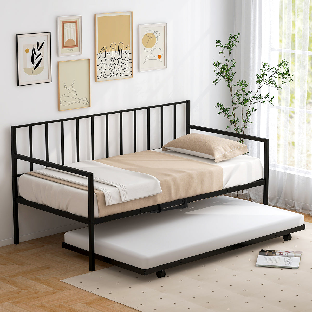 Daybed with Trundle Twin Size, Space-Saving Sofa Bed Frame with Rolling Pull-Out Bed