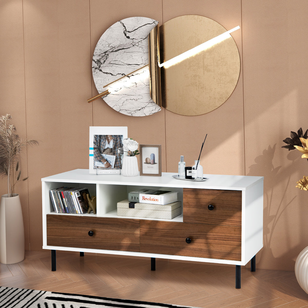 TV Stand for TV up to 50 Inch, Modern Entertainment Center with 3 Drawers & 2 Open Storage Shelves