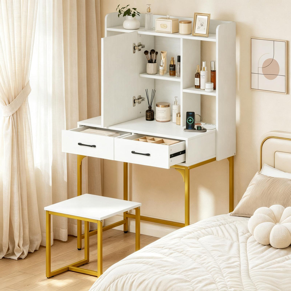 Vanity Desk Set with Charging Station, Modern Dressing Table with Mirror Cabinet