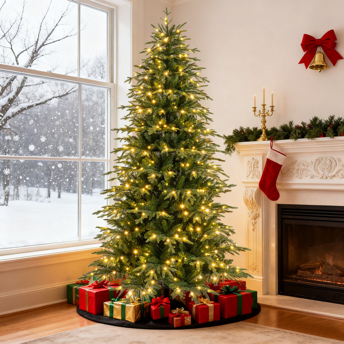 6FT/7.5FT/8FT Pre-lit Artificial Christmas Tree, Hinged Xmas Tree with 1195 Branch Tips