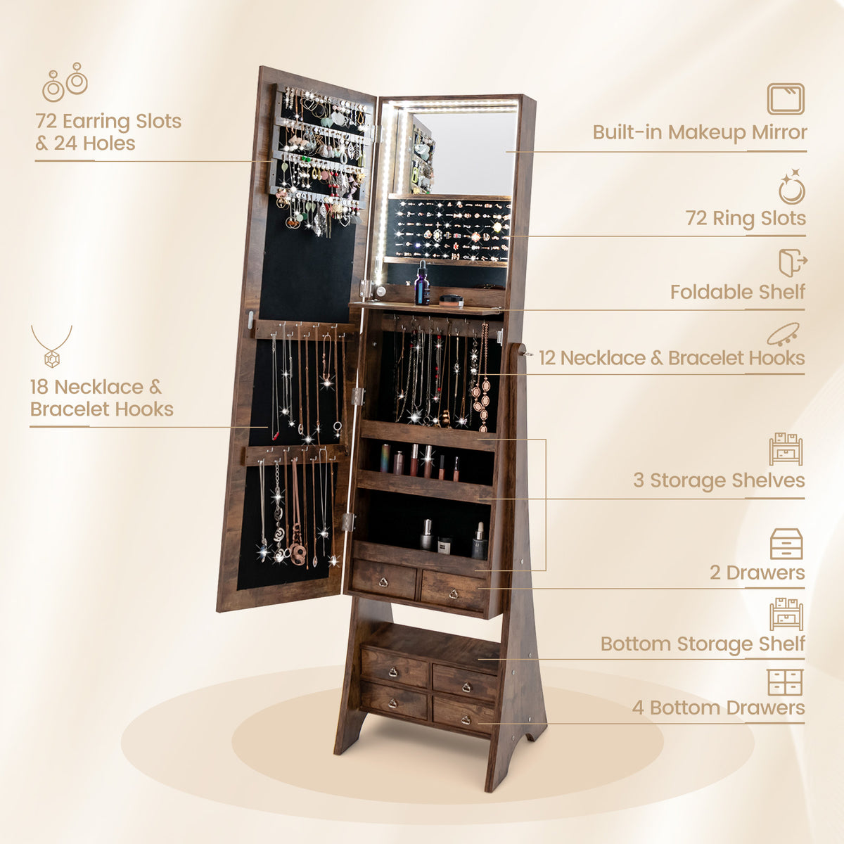 Jewelry Cabinet Freestanding, LED Lighted Jewelry Armoire with Full-length Frameless Mirror