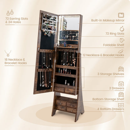 Jewelry Cabinet Freestanding, LED Lighted Jewelry Armoire with Full-length Frameless Mirror