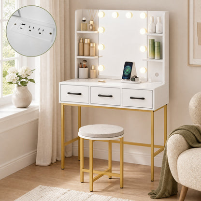 Vanity Desk with Lights & Charging Station, White & Gold Makeup Vanity with Chair
