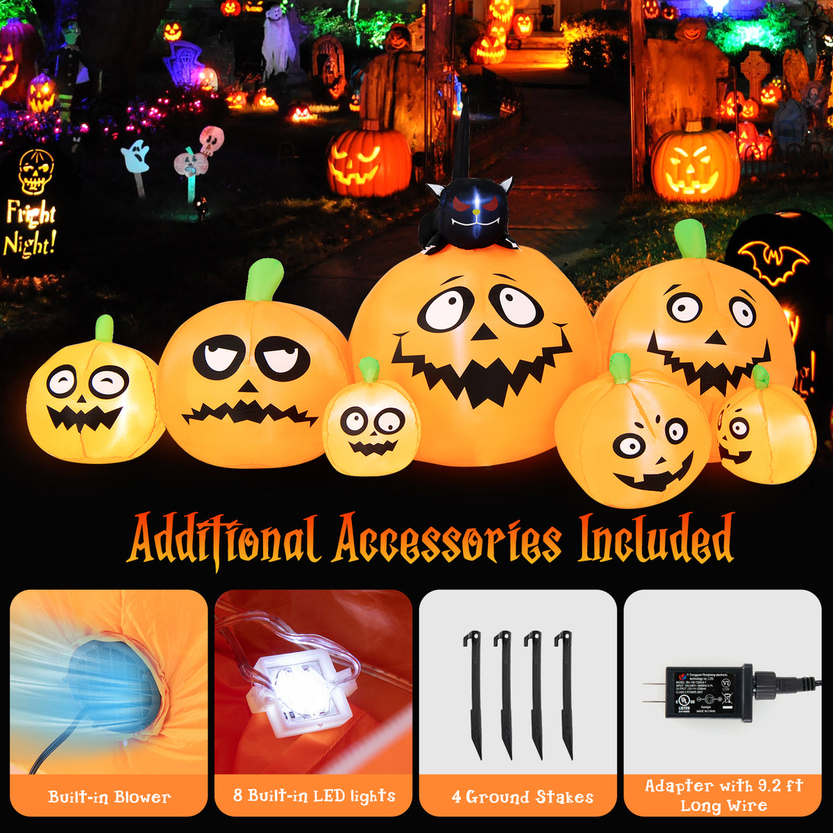 8FT Long Halloween Inflatable Pumpkin, 4 Pumpkins Patch Halloween Decoration with Black Cat and Built-in LED Lights