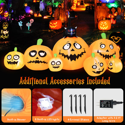 8FT Long Halloween Inflatable Pumpkin, 4 Pumpkins Patch Halloween Decoration with Black Cat and Built-in LED Lights
