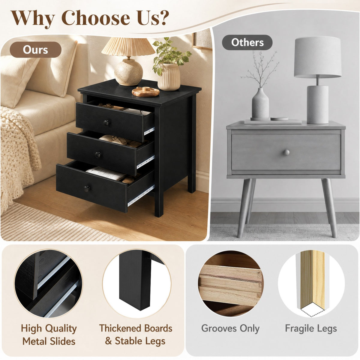 Goflame Modern 3-Drawer Nightstand Wooden Bedside Table