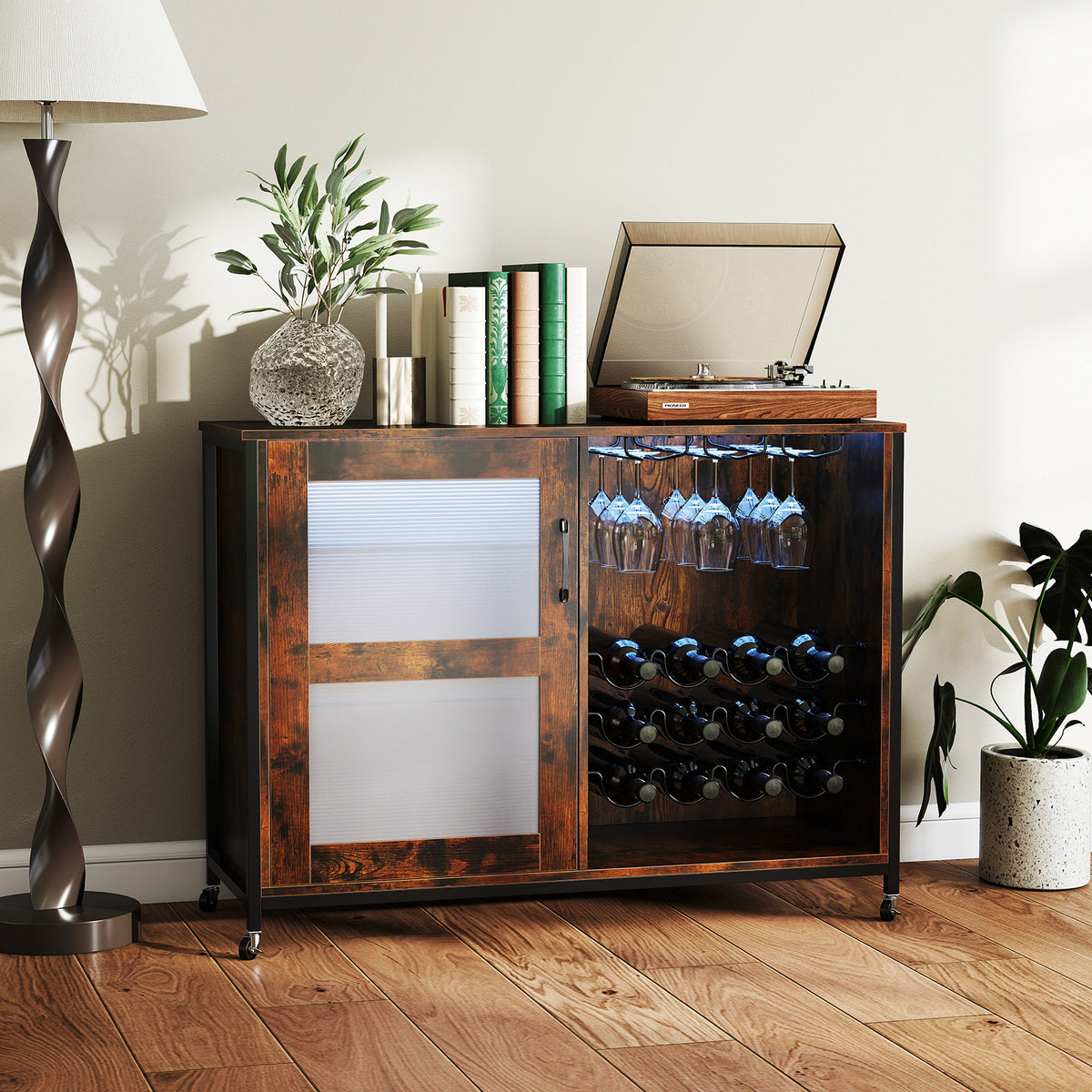Wine Bar Cabinet with Wheels and LED Lights, Industrial Coffee Bar Cabinet for Liquor