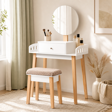 Vanity Dressing Table Set with Cushioned Stool & Height-Adjustable Large Mirror