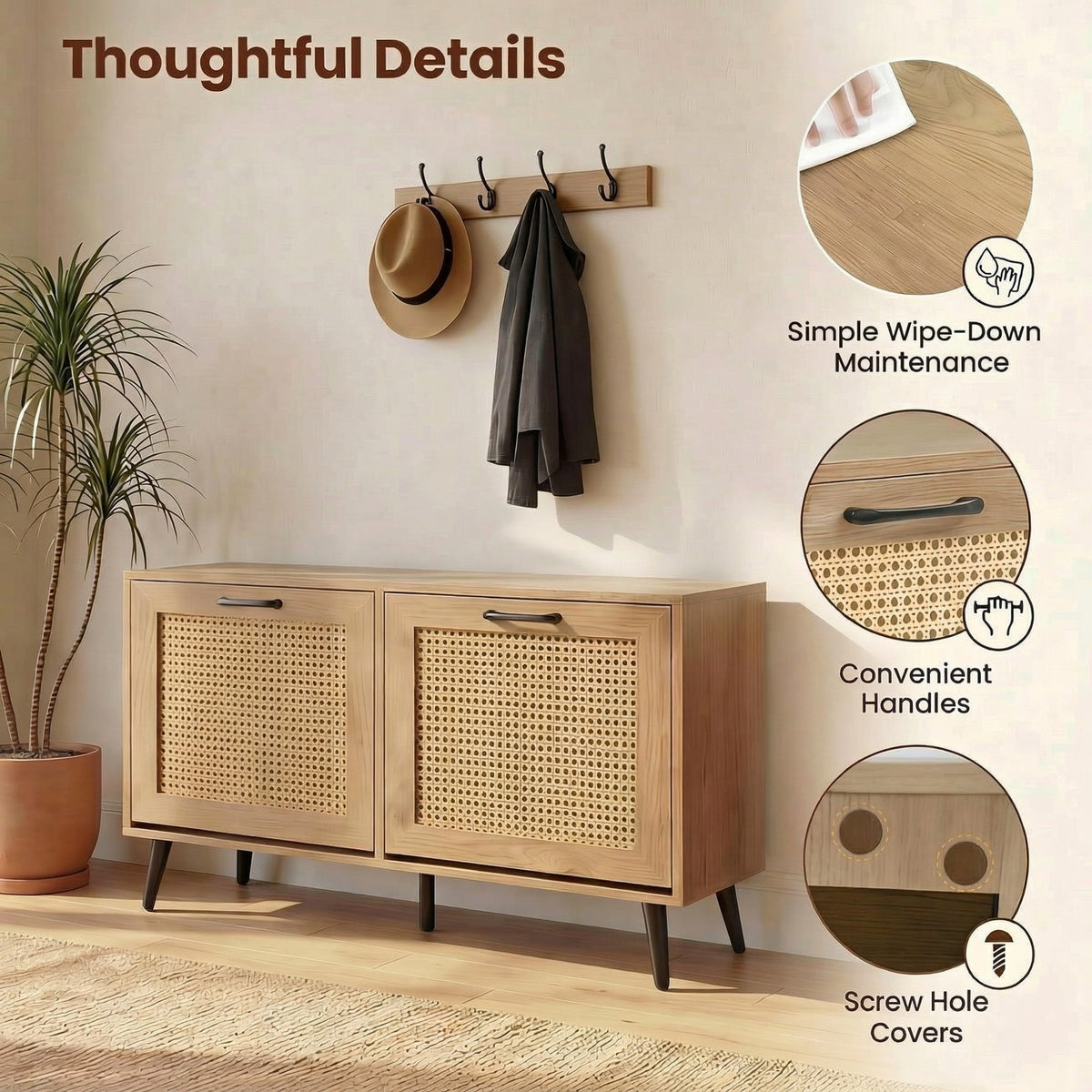 Rattan Shoe Storage Cabinet with 2 Flip Drawers, Hidden Shoe Storage Organizer with Adjustable Shelves and Metal Legs