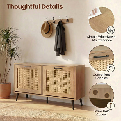Rattan Shoe Storage Cabinet with 2 Flip Drawers, Hidden Shoe Storage Organizer with Adjustable Shelves and Metal Legs