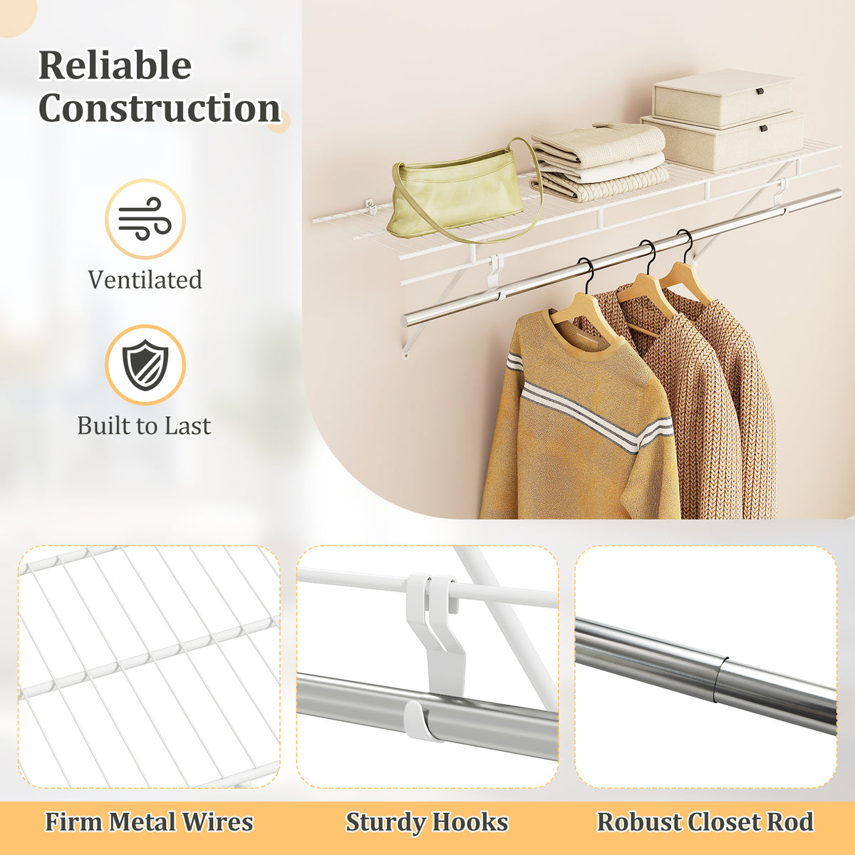 Wall Mounted Closet Shelf with Hanging Rod, 4 ft x 12” Metal Wire Storage Shelf & Clothes Rod Organizer