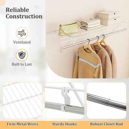 Wall Mounted Closet Shelf with Hanging Rod, 4 ft x 12” Metal Wire Storage Shelf & Clothes Rod Organizer