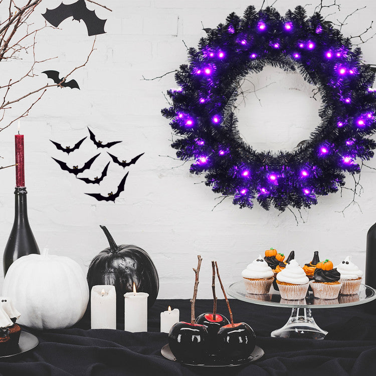 24' Black Halloween Wreath, Pre-lit Artificial Christmas Wreath
