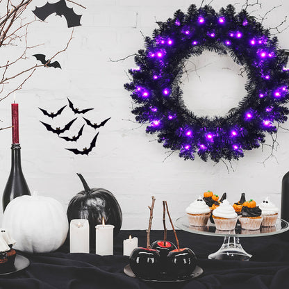 24' Black Halloween Wreath, Pre-lit Artificial Christmas Wreath