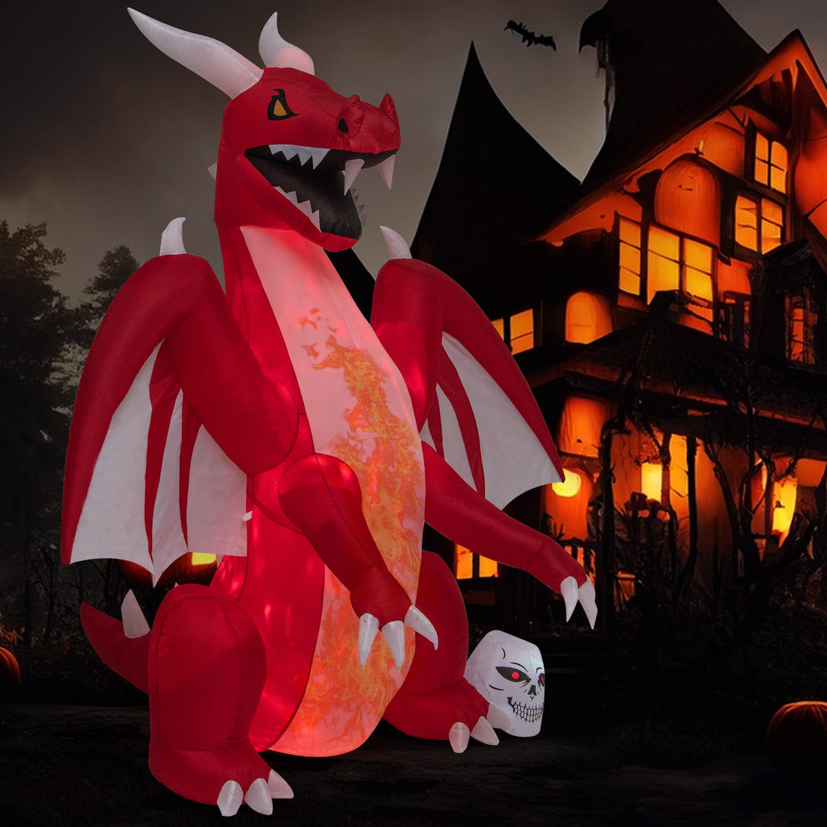 8 FT Halloween Inflatable Fire Dragon, Flash Blow up Lighted Inflatables with Multi-Color Skull