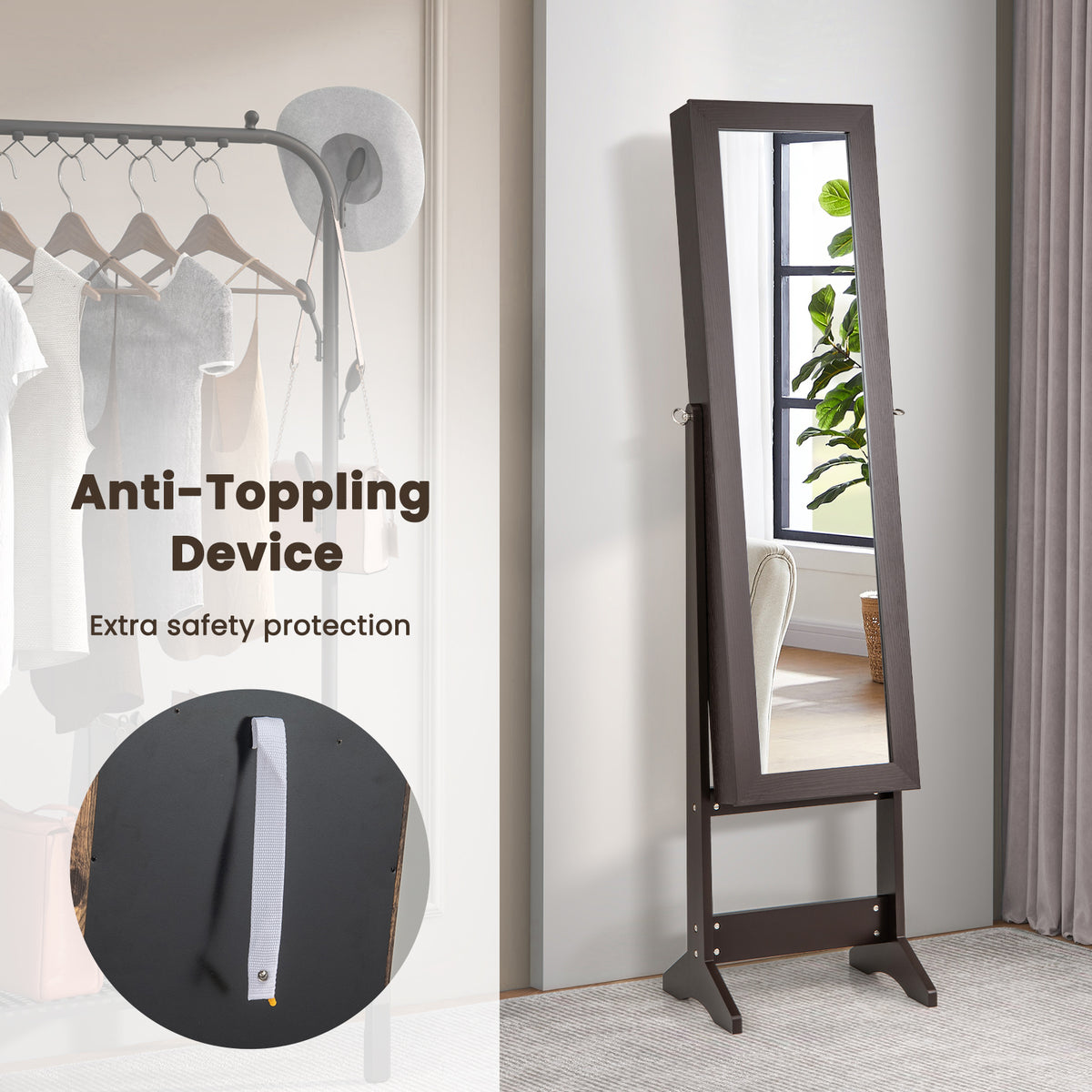 Jewelry Cabinet, Jewelry Organizer with Full Length Mirror Door, Standing Makeup Mirror