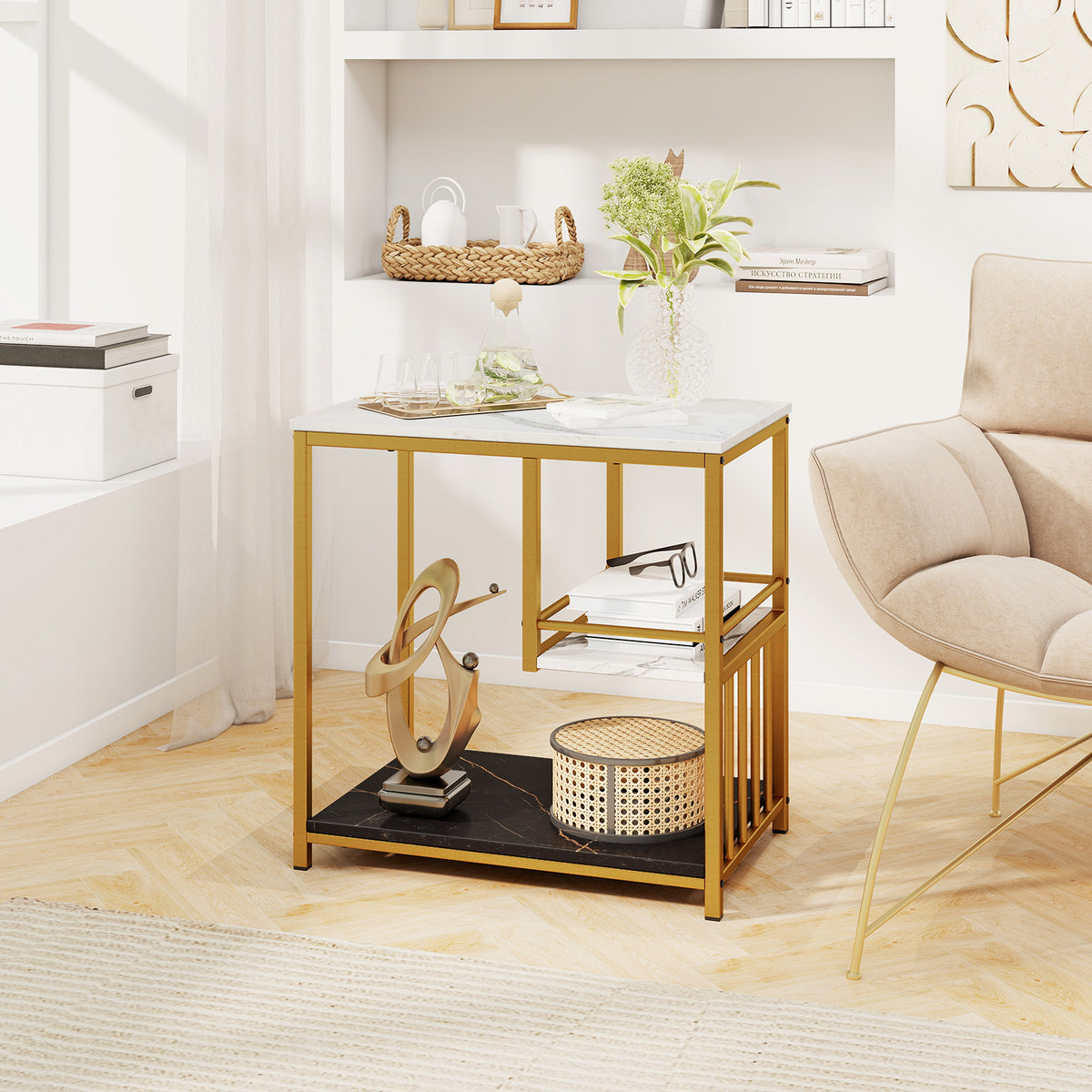 Faux Marble End Table, 3-Tier Sofa Side Table with Storage Shelves, Golden Polished Steel Frame