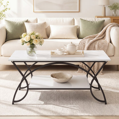 Industrial Coffee Table, 2-Tier Rectangular Center Table with Storage Shelf