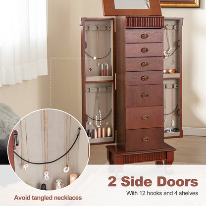 Jewelry Cabinet Armoire, Standing Jewelry Storage Organizer with Flip Top Makeup Mirror & 7 Drawers