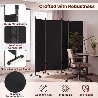 4 Panel Folding Room Divider, 6FT Rolling Privacy Screen with Lockable Wheels