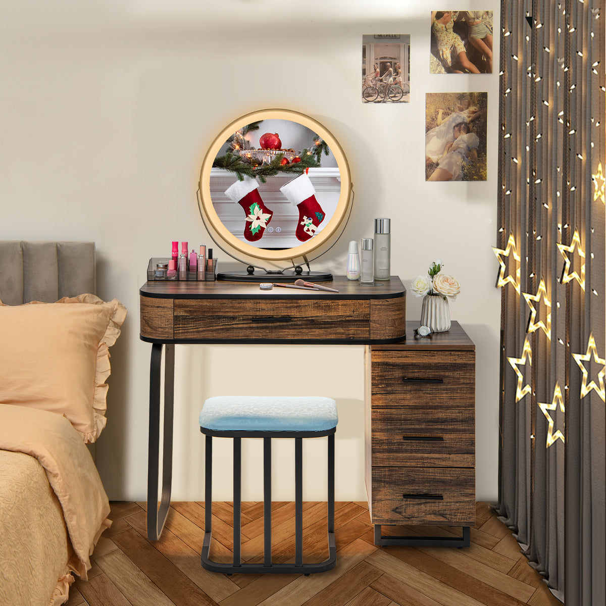 Vanity Table Set with 3-Color Lighted Swivel Touch Screen Mirror, Dressing Table Set with Human Body Induction
