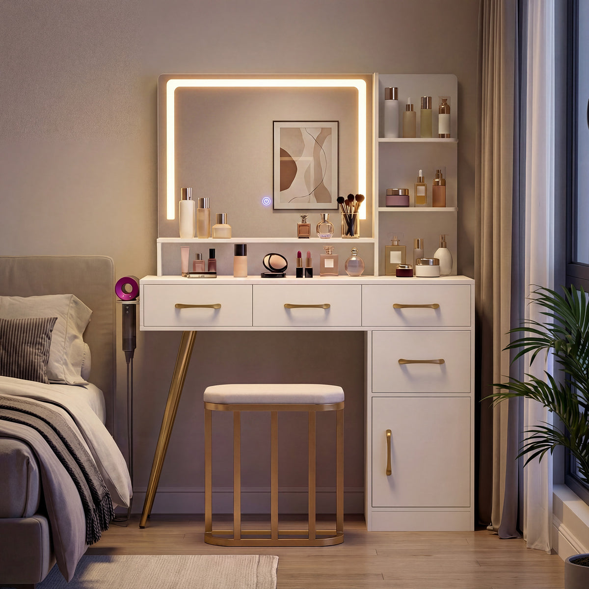 Vanity Desk with Mirror LED Light & Power Outlet, Modern Makeup Vanity Set with 3-Tier Shelves