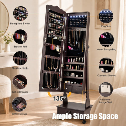Jewelry Cabinet Armoire Freestanding, Lockable Jewelry Organizer with 3-position Adjustable Angle