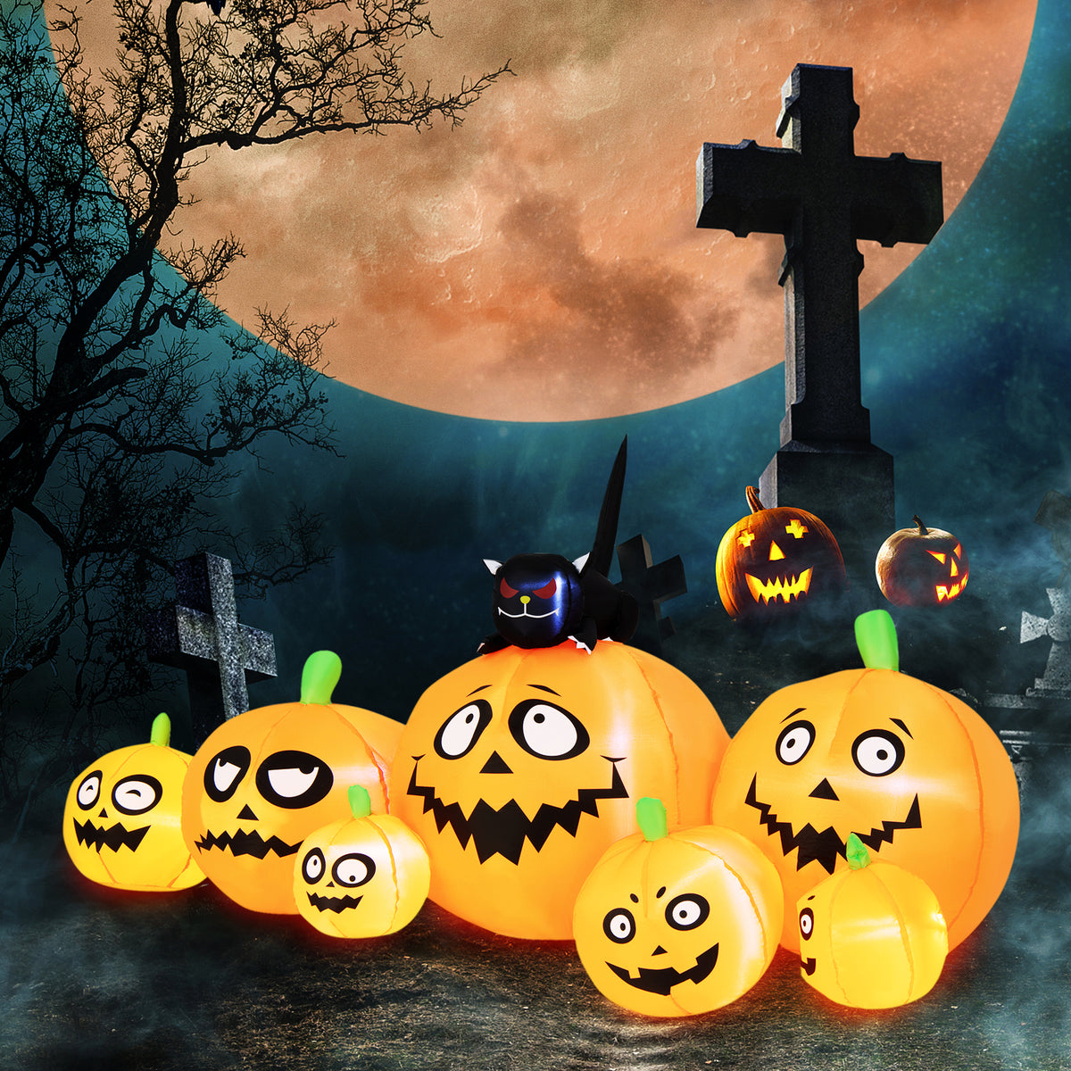 8FT Long Halloween Inflatable Pumpkin, 4 Pumpkins Patch Halloween Decoration with Black Cat and Built-in LED Lights
