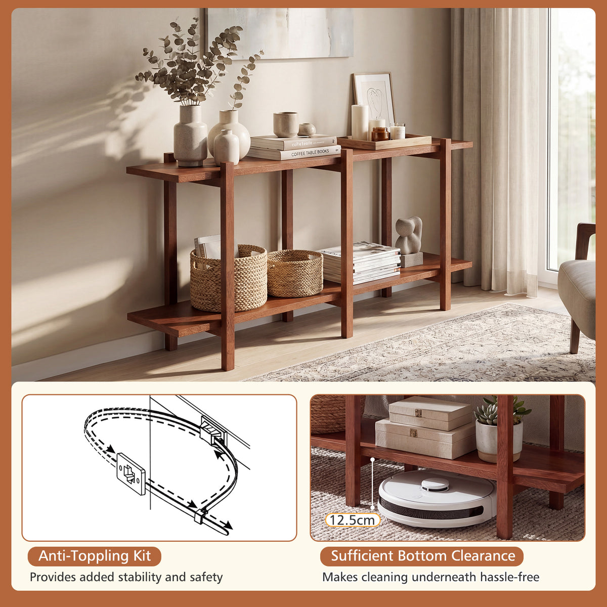 2-Tier Wood Bookshelf, Mid-Century Modern Console Table with Storage Shelf