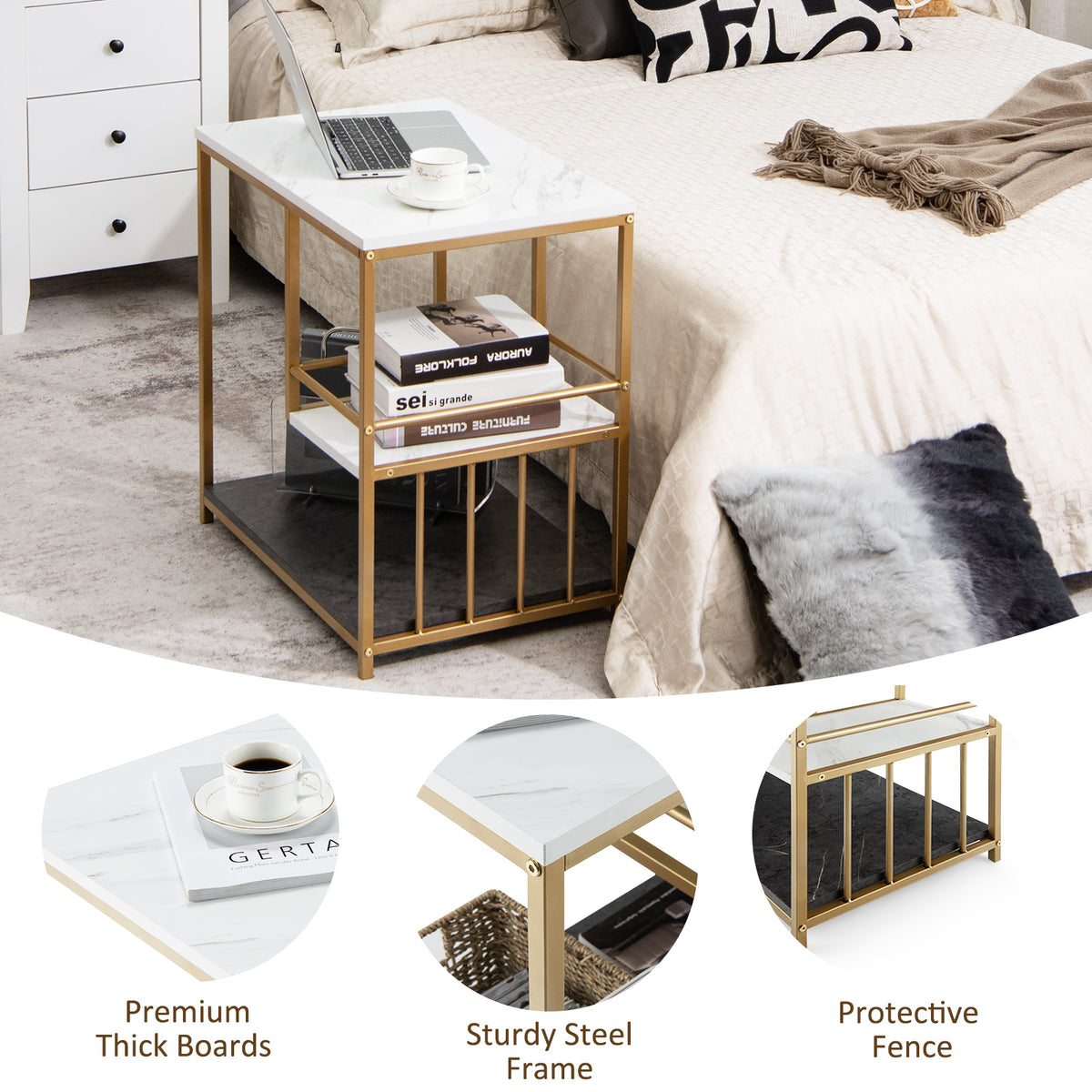 Faux Marble End Table, 3-Tier Sofa Side Table with Storage Shelves, Golden Polished Steel Frame