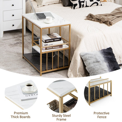 Faux Marble End Table, 3-Tier Sofa Side Table with Storage Shelves, Golden Polished Steel Frame