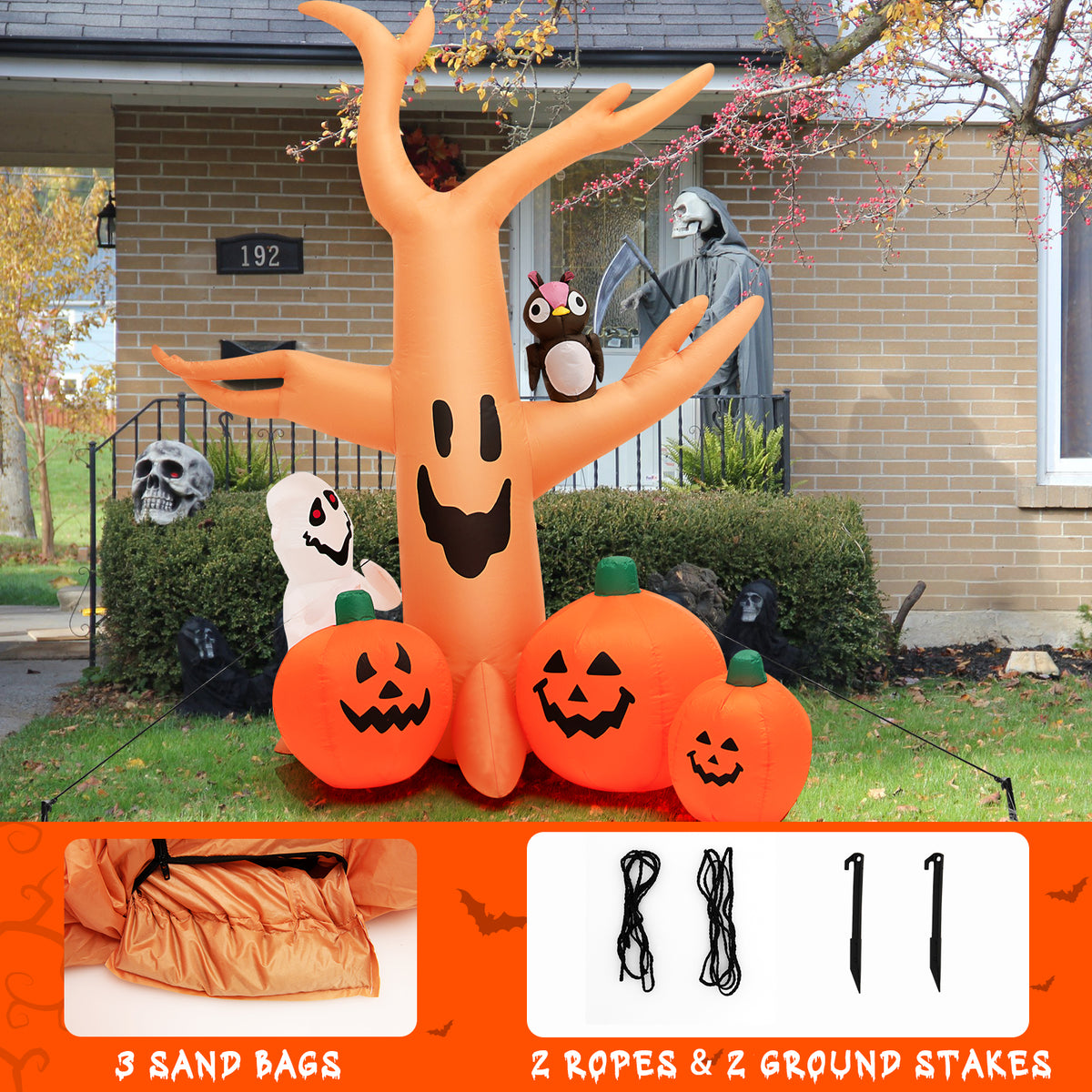 8 FT Halloween Inflatable Dead Tree with Pumpkins, Ghost and Owl, Blow up Yard Scary Tree with Bright LED Lights