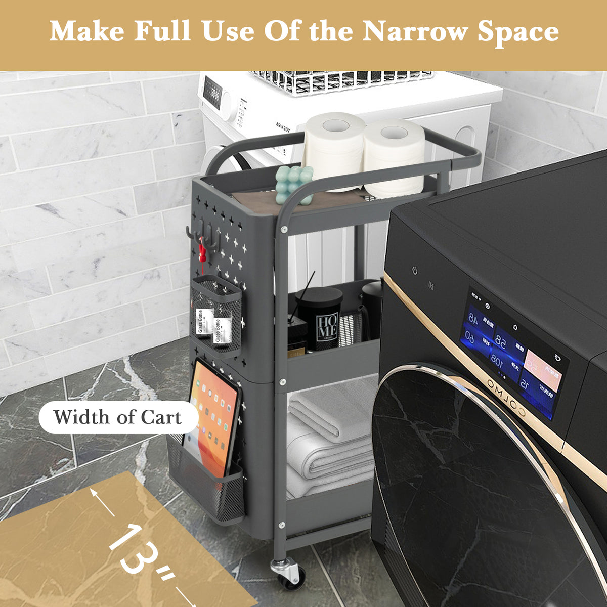 3-Tier Rolling Storage Cart with DIY Dual Pegboards, 2 Baskets, 4 Removable Hooks
