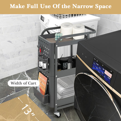 3-Tier Rolling Storage Cart with DIY Dual Pegboards, 2 Baskets, 4 Removable Hooks